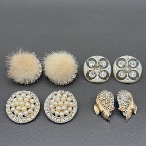 Vintage Clip On Earrings Lot Rhinestone Faux Pearl Mink Reja Dress Up Huggie